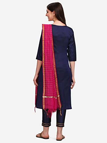 Image of VredeVogel Cotton Silk Blend Straight Embroidery Kurta Pant and Dupatta Set for Women