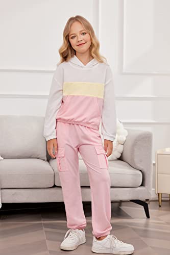 Hopeac 2 Piece Girls Athletic Clothing Sets Sweatsuits Casual Color Block Knit Pullover Sweatsuit Sweatshirt Fall Outfits #TOP2