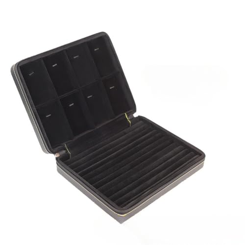 Apaeoflジュエリーケース ボックス 収納 ジュエリートレイ ポータブル ファスナー式 ディスプレイトレイ PUレザー 宝石箱 アクセサリー ピアス ネックレス 指輪置き メンズ レディース (指輪やネックレスの収納,ブラック)