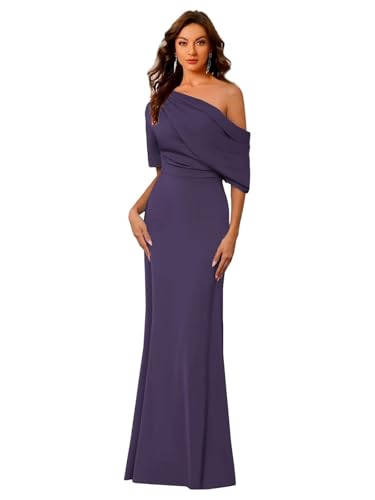 Image of Mermaid Satin Mother of The Bride Dresses for Women Elegant One Shoulder Ruffle Long Formal Evening Gown