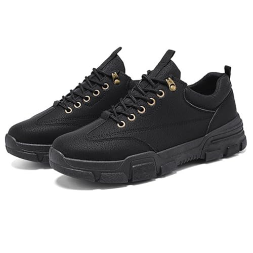 スニーカー メンズ 合皮 ローカット ショートワークブーツ ダッド トレッキング レースアップ 厚底 ボリュームソール アウトドア 通勤通学 防水 靴 (ブラック, 26.0 cm)