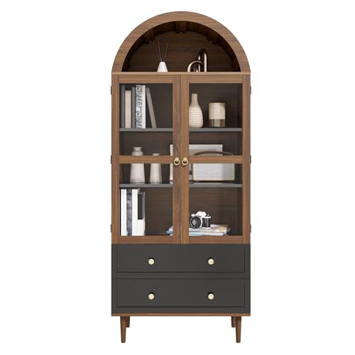 Armario alto retro con vitrina de cristal, 2 puertas de cristal y cajones, color nogal, diseño curvado, estantes ajustables, estantería multiusos para salón y oficina, 70 x 38 x 168 cm (ancho x