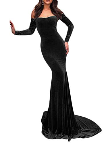 TTYBridal Velvet Off Shoulder Court Train Prom Dress Mermaid Evening Gown with Long Sleeves EV004E