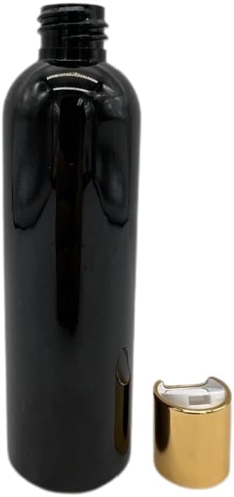 Natural Farms 4 oz Black Cosmo Plastic Bottles -12 Pack Empty Bottle Refillable - BPA Free - Essential Oils - Aromatherapy | Gold Disc Caps - Made in the USA