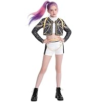 Girls Pop Star Costume 3 Piece Idol Dancer Outfit with Golden Chain Print for Kids Halloween Costumes Demon Cosplay Hunters Stage Performance Outfit ZW138S