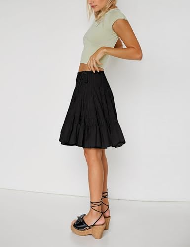 Womens Tiered Boho Pleated Drawstring Waist Knee Length Flowy Midi Short Skirts4