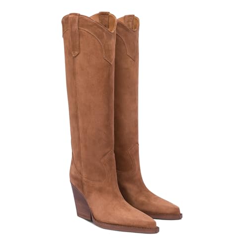 Knee High Cowboy Boots for Women Pointed Toe Chunky High Heel Pull-on Suede Western Cowgirl Shoes Fall Long Tall Boots2