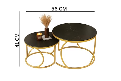 Image of Round End Table Set of Two Coffee Tables with Engineered Wood Top and Metal Frame, Contemporary Accent Side Table for Office, Bedroom, or Living Room Golden Black