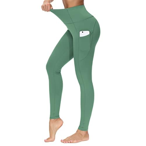 THE GYM PEOPLE Thick High Waist Yoga Pants with Pockets, Tummy Control Workout Running Yoga Leggings for Women X-Large Light Green