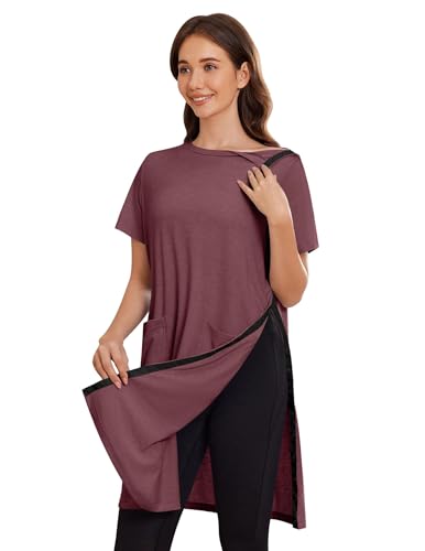 Image of Deyeek Women's Post Shoulder Surgery Hospital Gowns Tear Away Short Sleeve Full Open Side Snap Adaptive Clothing Nightgowns
