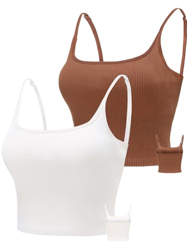 Image of Chilylori Seamless Sports Bra Cropped Tank Top with Adjustable Strap 2 Pack | Workout Tops Ribbed Sports Bra for Women Wireless Longline Crop Tank Padded Comfortable Brami