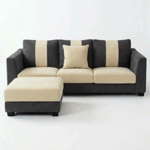 Image of Revo 4 Seater L Shape Sofa Set with Movable Ottoman | Flexible Left or Right Layout | Luxury Velvet Suede Fabric | Modern Living Room Sofa | Dark Grey-Cream