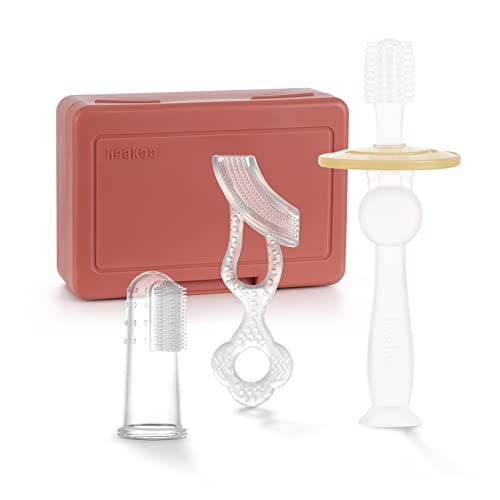 Image of haakaa Training Toothbrush Set Oral Care Kit, Soft Silicone Toothbrush for Baby, Infants, Toddlers & Kids, Rust Color
