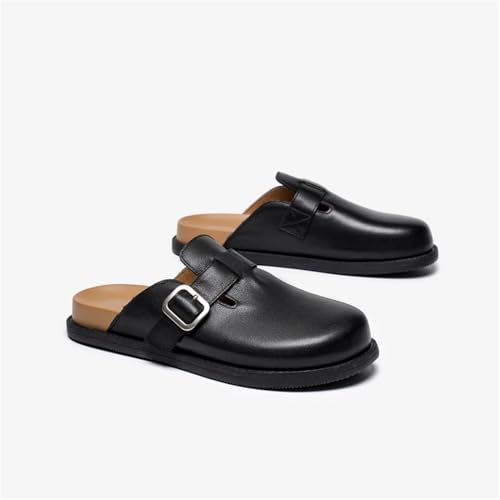 Women's Cow Leather Slippers - Solid Color Round Toe Buckle Strap Flats3