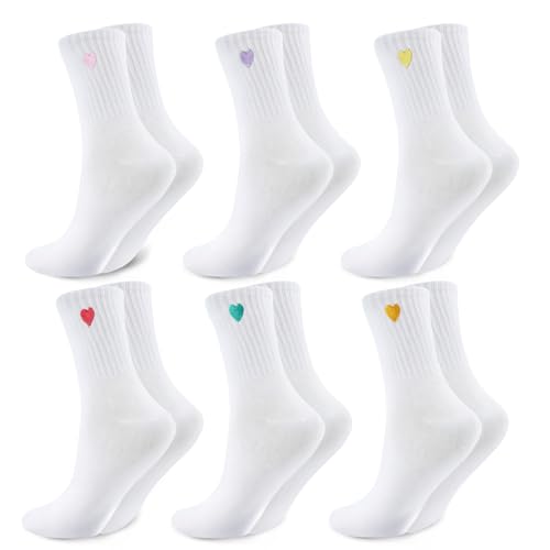Pinboov 6 Paar Tennissocken Damen 39-42 Weiße Socken Socken mit Handgestickten Herzen Damen Baumwollsocken für Sport Alltag Fitness Laufen und Entspannung
