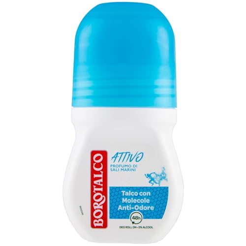 Borotalco, Ambientador Roll On azul activo, fórmula sin alcohol con talco con moléculas antiolor, eficacia fresca, eficacia 48h, fragancia de sales marinas - 1 botella de 50 ml