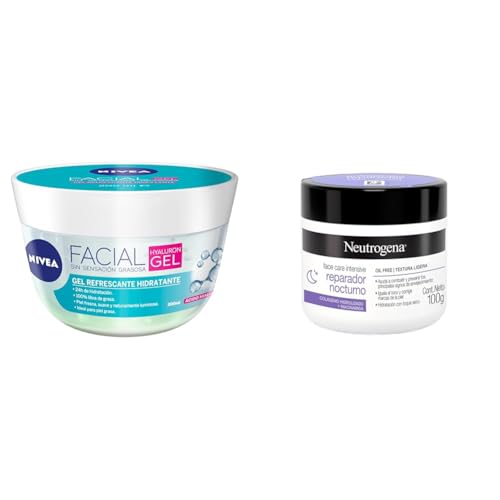 Cuidado Facial, Beauty NIVEA Gel Facial Refrescante con ácido hialurónico para piel grasa 200 ml + Neutrogena Crema Hidratante Facial Reparador Nocturno Face Care Intensive Colageno...
