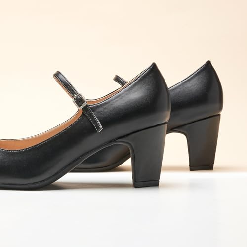 C.Paravano Women's Pumps Mary Jane Pumps Closed Almond Toe Block Heels Adjustable Strap Fashion Causal Party Shoes(Black,7.5)3