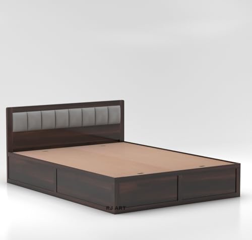 Image of Wooden Queen Size Bed with Storage | Double Bed Cot Bed with Box Storage & Upholstered Cushioned Headboard for Bedroom | Sheesham Wood, Walnut, Recommended Mattress | Size: 78 X 60