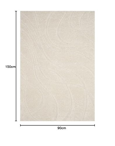 Image of Geometric Wave Shaggy Rectangular Carpet For Living Room, Bedroom, High Low Design Finish Microfiber 1.8 Inch Pile High, 3X5 Feet Ivory | Ivory Color