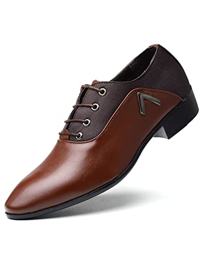Sprifloral Mens Leather Lace-ups Oxfords Formal Dress Shoe Casual Pointed Toe Flats Classic Derbys Business Wedding Brogues Shoes Brown, 9 UK