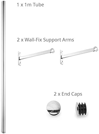 Shopfitting Warehouse Wardrobe Wall-Mounted Chrome Tube Hanging Rail Kit - 1 m Tube, Wall-Fix Arms and End Caps