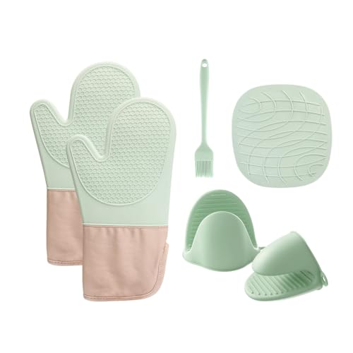 Lot de 6 Gants de Cuisine résistants à la Chaleur - Accessoires de Cuisine - Gants de Four - Maniques en Silicone antidérapant - avec Dessous de Plat, Pot et Crochet adhésif et Brosse