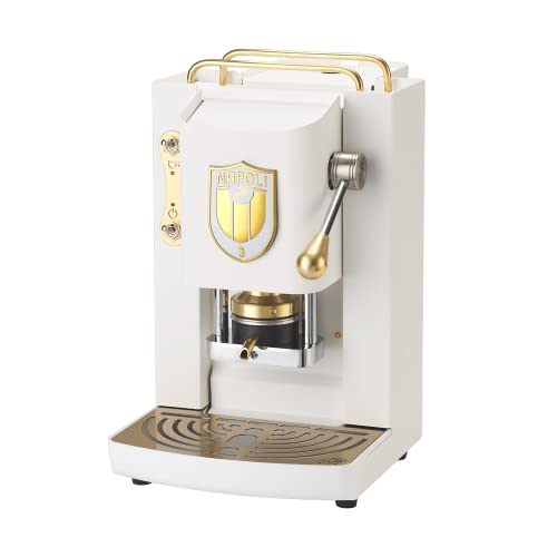 FABER COFFEE MACHINES | Modello Pro Deluxe Scudetto | Macchina caffe a cialde ese 44mm | Colore Pure White finiture Ottone | Pressacialda in ottone | Napoli Campione (LOGO BIANCO)
