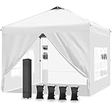 Fnsyay 10'x10' Pop Up Canopy Tent with 4 Sidewalls and 6 Pockets, Ez Pop Up Outdoor Commercial Canopy with Top Vent, 3-Height Adjustable, Roller Bag, 4 Sand Bags, 4 Ropes and 8 Stakes,White