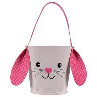 EASTER BASKET CANVAS TAN BUNNY WITH PINK AND WHITE CHECKERED EARS