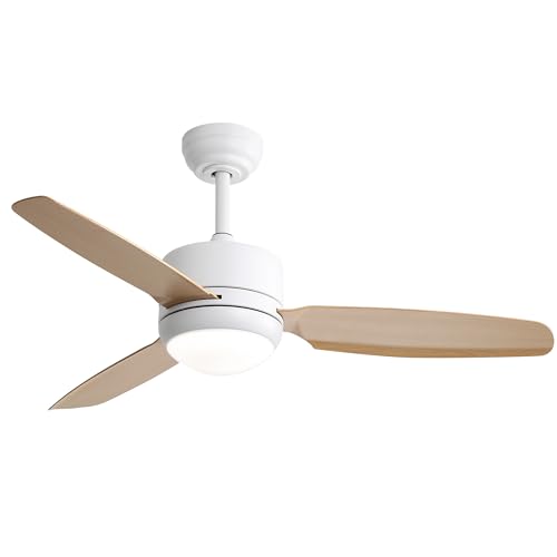 Pangshiyuan Ventilador de techo de 46' con iluminación LED 18W, 3 aspas ABS madera clara, motor DC reversible, 6 velocidades, mando a distancia, blanco (116,8x116,8x54cm)