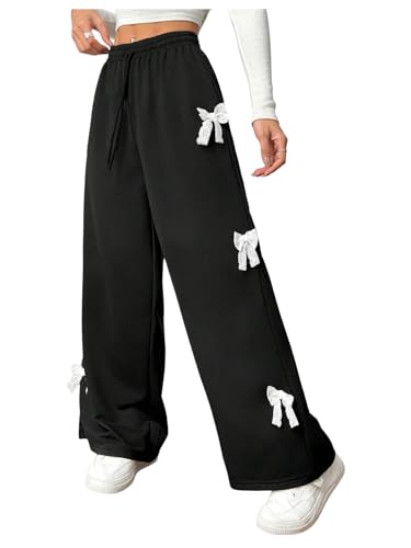 OYOANGLE Girl's Bow Sweatpants Elastic Drawstring Waist Wide Leg Workout Athletic Pants with Pocket
