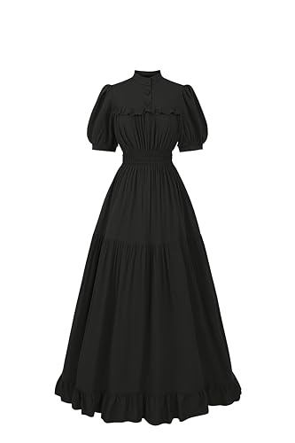 Fiamll Mittelalter Kleid Damen Kurzarm Vintage Viktorianisches Kleid Sommer Kleid Renaissance Maxikleid Party Ballkleider Schwarz M