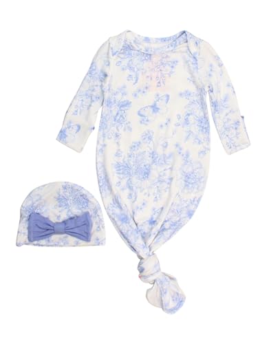 RuffleButts Newborn Baby Girls Ruffle Knotted Sleep Gown & Hat Set - Periwinkle Blue Butterfly Garden Toile, Newborn-3m