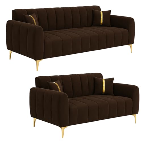 Image of FURNY Harmony 5 Seater Velvet Fabric 3+2 Sofa Set (Brown) with Golden Finish Legs | Durable & Comfortable | Ideal for Living Room