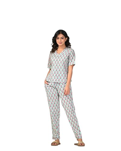 Image of KANNAHI Pure Cotton Paisley Jaipuri Printed Women Night Suit Top & Pyjama Set for Girls & Womens