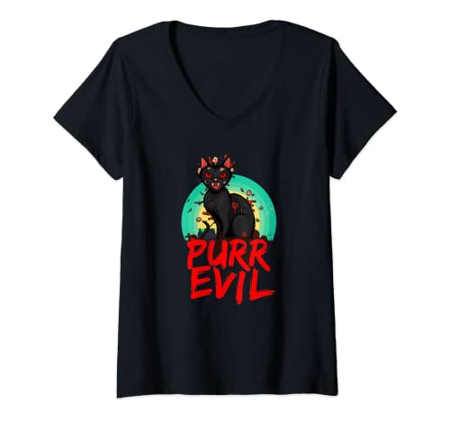 Mujer Gato de Halloween "Purr Evil" Funny Cats Zombie Pun Camiseta Cuello V