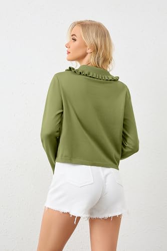 Image of Women Ruffle Collar Button Down Cropped Cardigan Long Sleeve Open Front Knit Sweaters Peplum Sweater Crop Jacket Tops