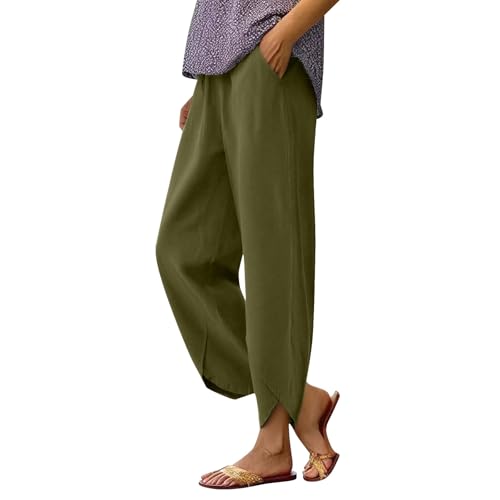 Natural Fiber Clothing for Women Capri Pants for Women 2026 Summer Cotton Linen Straight Wide Leg Casual Loose Drawstring Elastic Waist Cropped Trouser Blackish Green M