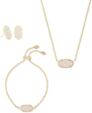 Kendra Scott Gift Bundle, Elisa Adjustable Length Pendant Necklace, Elaina Adjustable Chain Bracelet, and Ellie Stud Earrings for Women, Fashion Jewelry, 14k Gold Plated, Iridescent Drusy