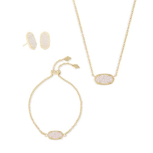Kendra Scott Gift Bundle, Elisa Adjustable Length Pendant Necklace, Elaina Adjustable Chain Bracelet, And Ellie Stud Earrings For Women, Fashion Jewelry, 14K Gold Plated, Iridescent Drusy #TOP24