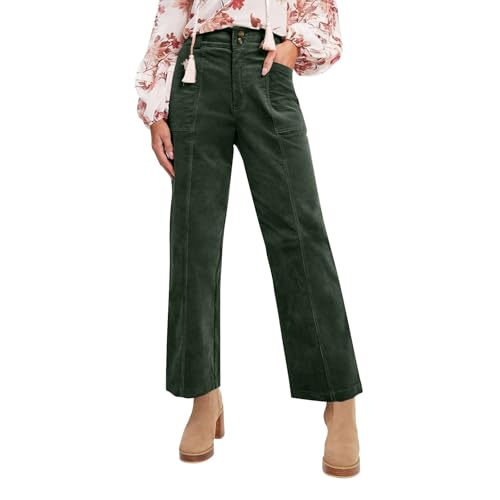Corduroy Pants Women Wide Leg Trousers High Waisted Pull on Dress Pants Business Casual Office Work Pants with Pockets