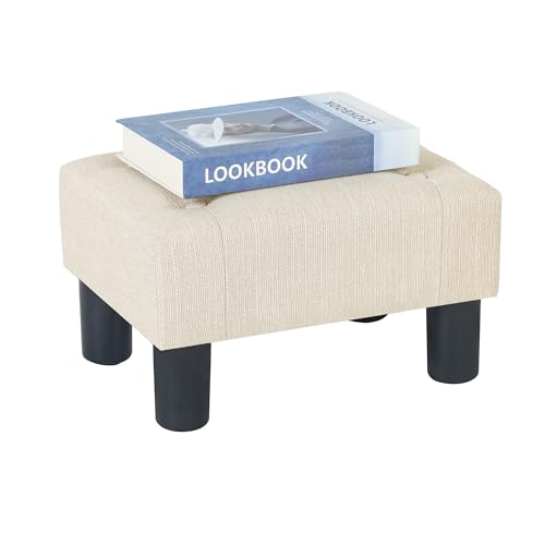 Adeco 15.4' Linen Upholstered Ottoman Footrest, Small Padded Foot Stool & Accent Seat...
