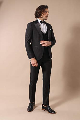 Costume de mariage noir 3 pièces smoking avec revers satin - 4
