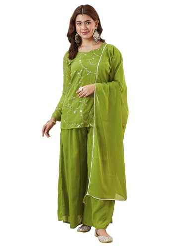 Image of MOKOSH Women's Georgette Short Kurti Palazzo with Dupatta | Short Kurti Set |Ethnic Kurta Set for Women | Sweetheart Neck Full Sleeve | Indian Kurta Outfit With Palazzo Pants