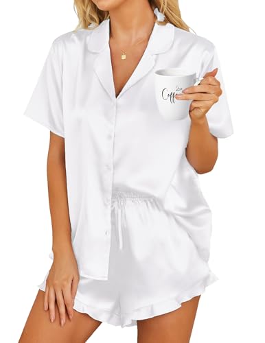 HOTOUCH Womens Satin Pajamas Set Button Down 2 Piece Silk Pjs Shorts Set Ruffle Notch Collar Sleepwear White,S