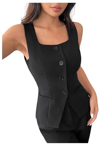 Floerns Women's Elegant Sleeveless Button Front Vest Split Hem Business Suit Jacket
