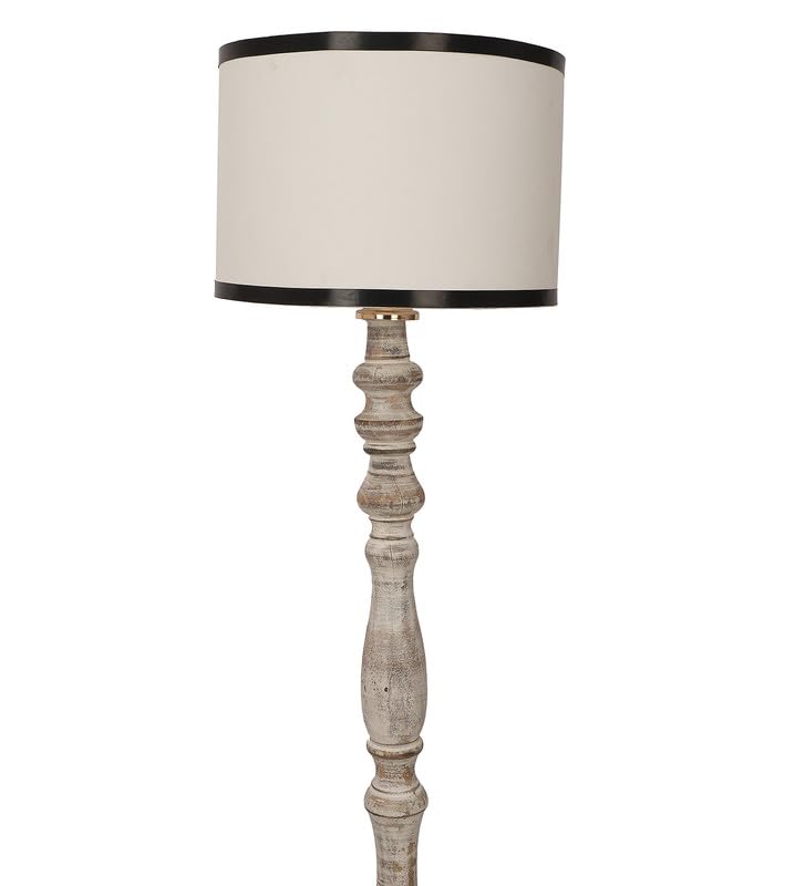 Image of tu casa Mango Wooden Floor Lamps with White Stripe Shade for Home Decor, Bedrooms Corner, Living Room, Gifting, Diwali Decoration, Hall, Office, Study Room (Height: - 56 inch) - Bulb not Included