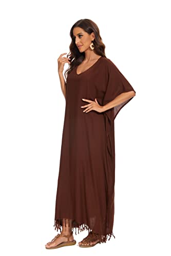 Beautybatik Brown Women Solid Caftan Kaftan Loungewear Maxi Plus Size Long Loose Dress 3X #TOP5