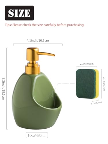 Image of Green Ceramic Soap Dispenser with Sponge Holder - Refillable Kitchen Sink Soap Pump with Sponge Tray - 2-in-1 Sink Organizer for Dish Soap, Farmhouse Countertop Decor